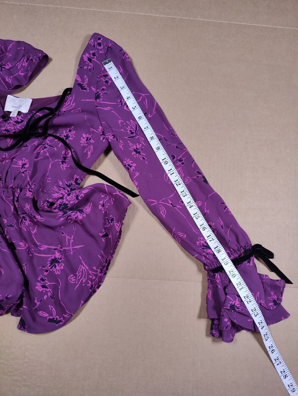 Cinq A Sept Mable Purple Floral 100% Silk Bell Sleeve Blouse Black Ties Size S - Picture 8 of 8